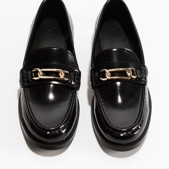 H&M | Shoes | Hm Shiny Black Loafers With Gold Chain Detail | Poshmark